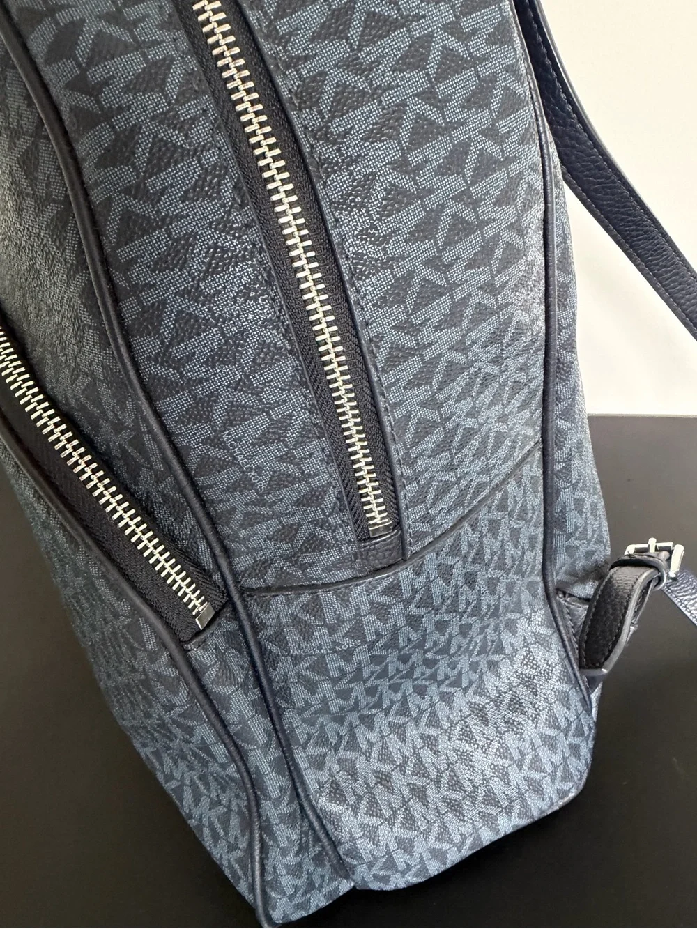Michael Kors Signature Logo Backpack Navy Blue Coated Canvas